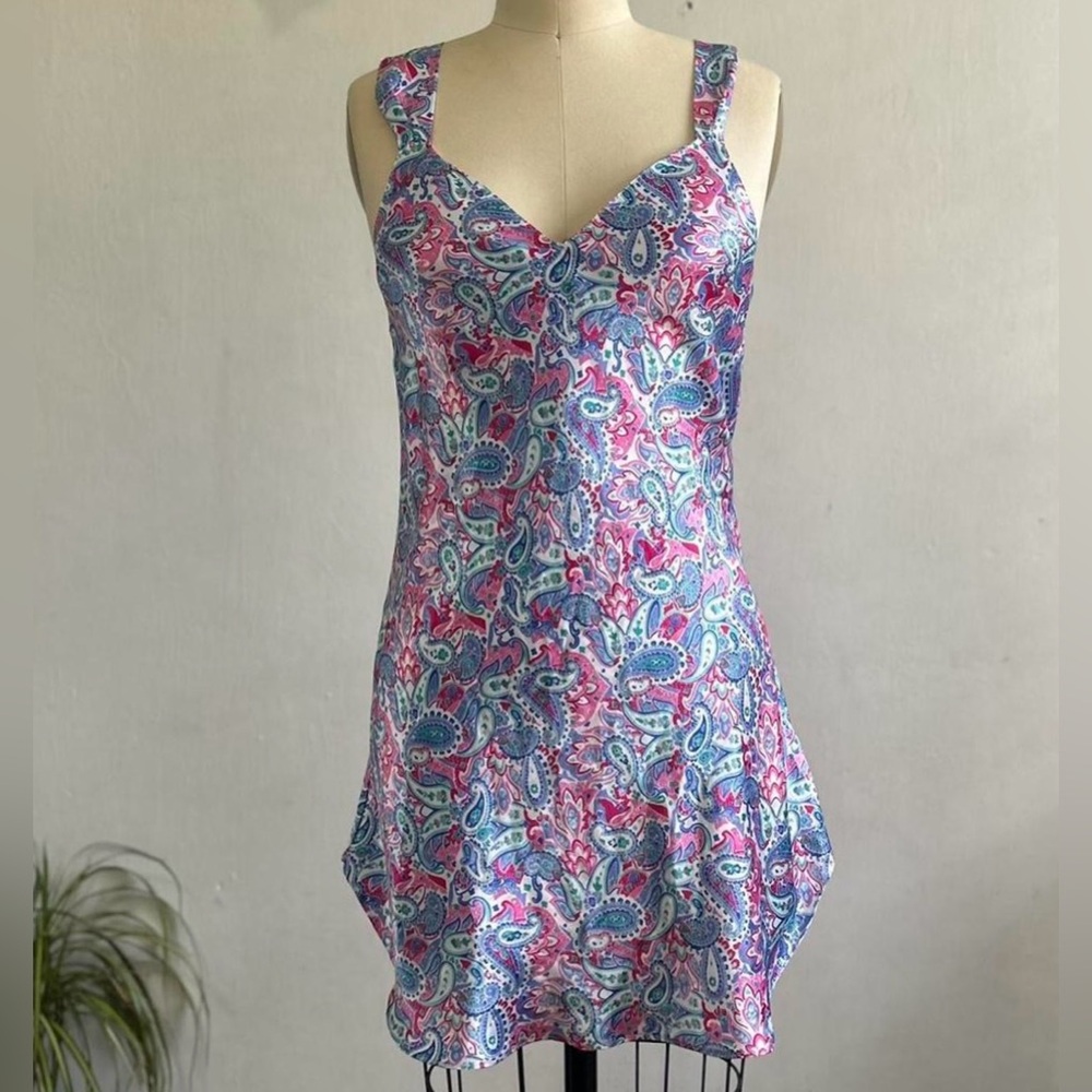Satin paisley purple printed slip mini dress